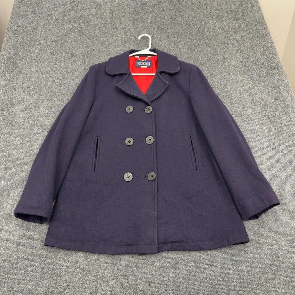 Vintage Lands End Pea Coat Womens 14 Navy Blue Wool Double Breasted Classic